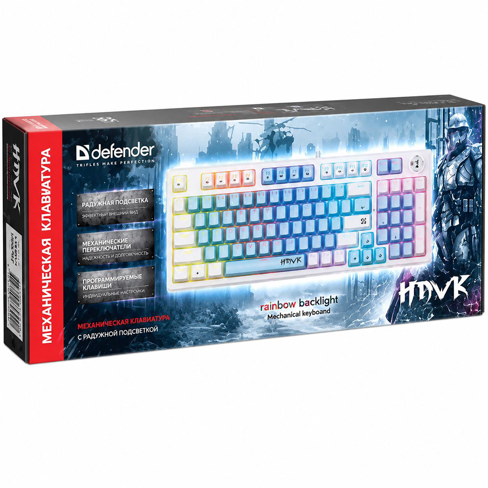 Проводная Механическая игровая клавиатура Defender Hawk GK-418, белая Eng+Rus