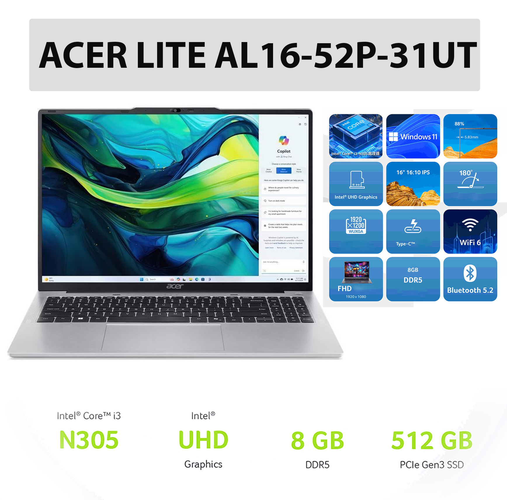 Ноутбук Acer Aspire Lite AL16 Core i3-1305U (8/256 ГБ)